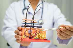 Arzt zeigt mit Kugelschreiber auf Modell von Haarwurzel